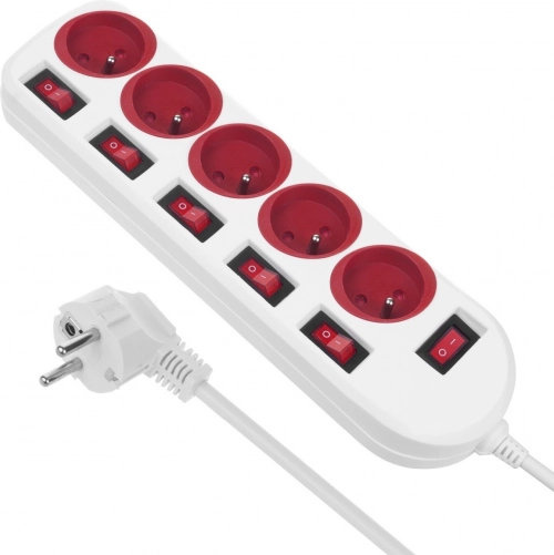 Verlengbare overspanningsstekkerdoos met 5 stopcontacten en individuele schakelaars, wit/rood