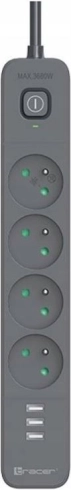 Surge Protection TRACER Power Line+ mobile ready 1.5 m (4 sockets + 3x USB A, 5V 2.4A)