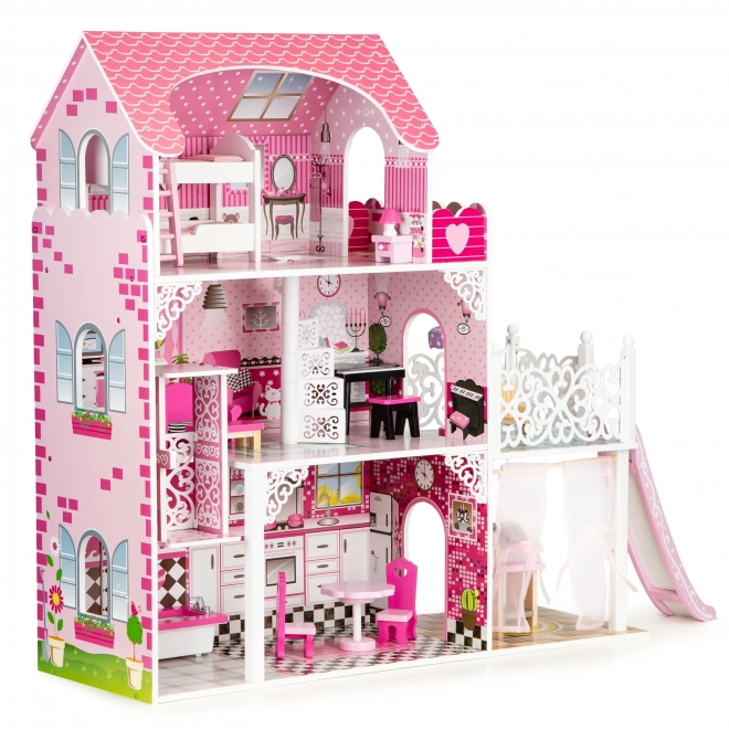 Houten poppenhuis met glijbaan