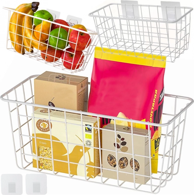 Wall-mounted metal basket with adhesive hooks – white wire organizer