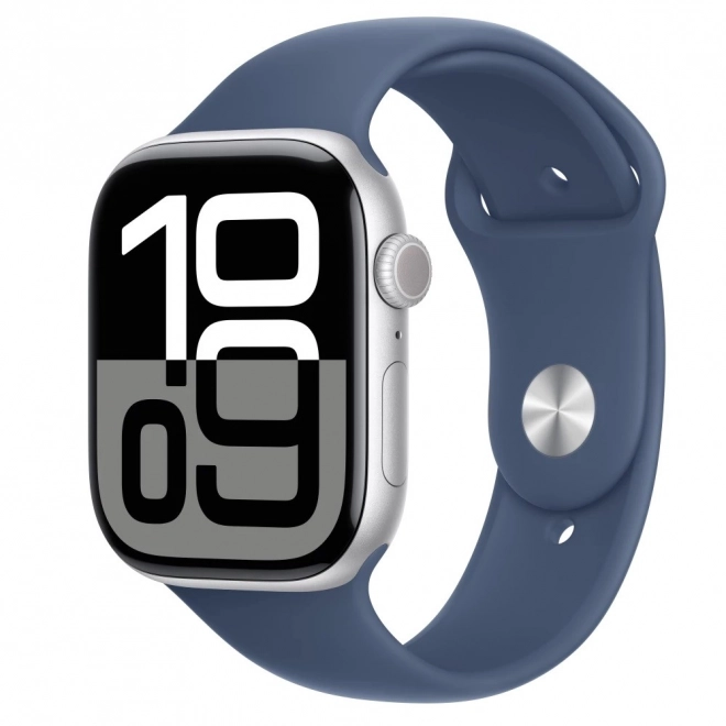Apple Watch Series 10 GPS, boîtier aluminium 46 mm argent avec bracelet sport denim S/M