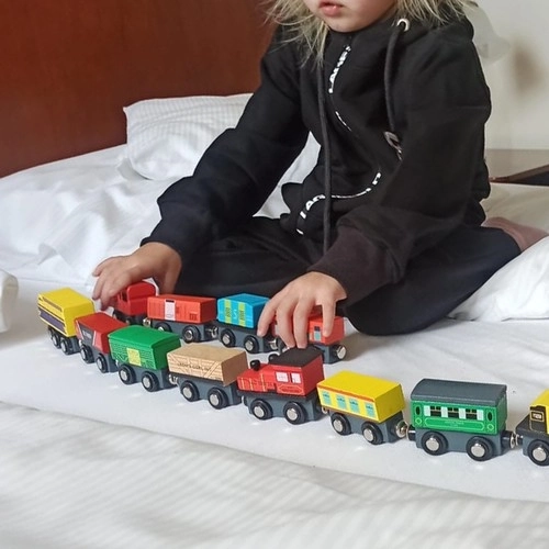 Houten treinen met wagons - 3 locomotieven en 9 wagons