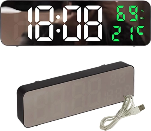 Digitale LED-klok met wekker, thermometer en hygrometer met spiegeldisplay