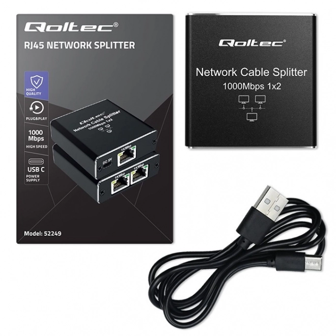 RJ45 Netzwerksplitter mit 1x2 Ports, USB-C, Aluminium
