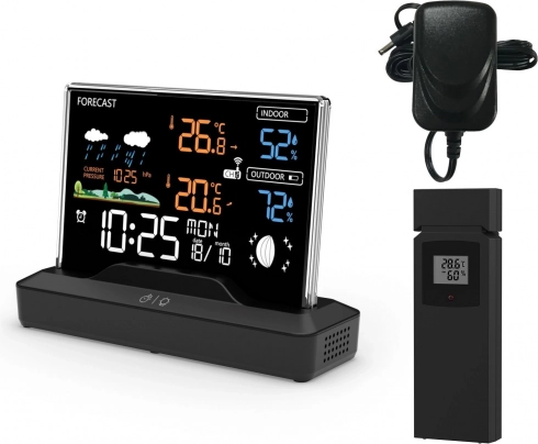 Verlichte draadloze weerstation met kleurendisplay, buitensensor, thermometer, barometer en radiogestuurde klok
