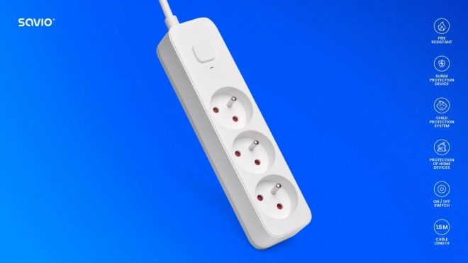 Overspanningsbeveiligingsstrook Savio met 3 stopcontacten en 1,5 m kabel