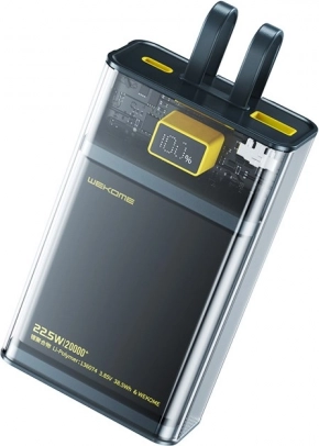 Powerbank WEKOME Vanguard Series 20000 mAh met ingebouwde USB‑C- en Lightning-kabels, PD 20 W + QC 22,5 W (zwart/transparant)