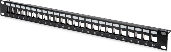 Patchpanel 19" 24-portig für Keystone-Module, geschirmt, 1U, mit Kabelführung und Beschriftungsfeldern, schwarz