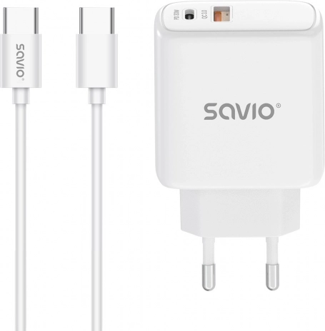 netlader 30W met USB‑C PD en USB‑A QC + USB‑C kabel – Savio