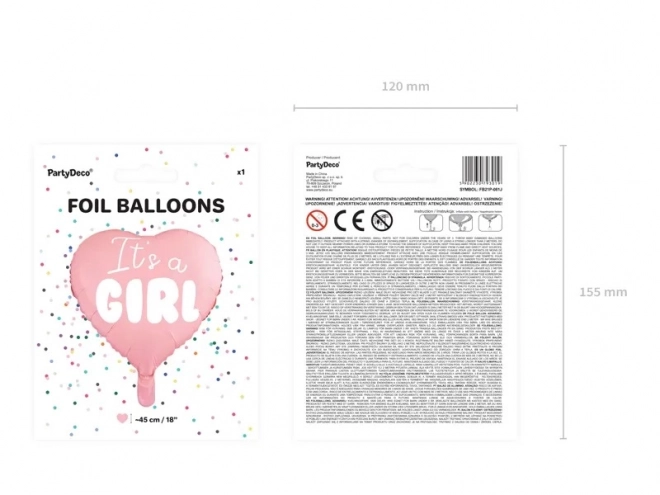 Foliebalonnen It's a Girl roze hart 45 cm