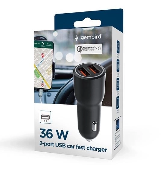 Autolader 2xUSB-A QC3.0 36W zwart