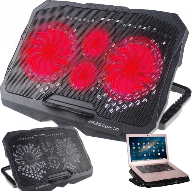 Support de refroidissement pour ordinateur portable avec LED, 4 ventilateurs et hub USB, inclinaison réglable (10–17")