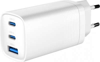 Snellader GaN 65 W met Power Delivery, 2× USB‑C en 1× USB‑A, wit