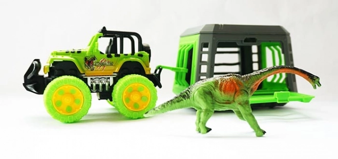 Jeep avec remorque et dinosaure