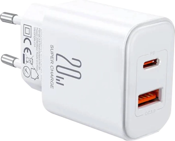 Netstroomlader JOYROOM 20W met USB‑C en USB‑A (wit, EU)