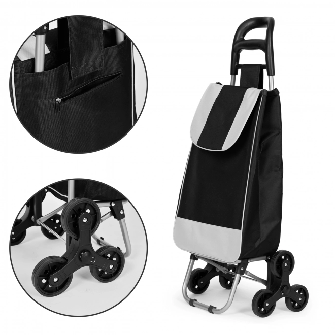 Black shopping cart with metal frame and 6 wheels