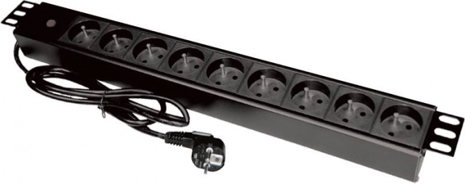 19" stekkerdoos voor rack met 9 CEE 7/5 stopcontacten en CEE 7/7 stekker
