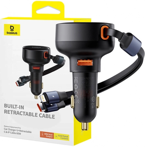 Autoladegerät BASEUS Enjoyment 60 W mit USB, USB‑C und Lightning, schwarz