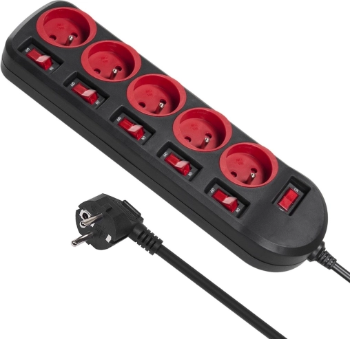 Overspanningsstekkerdoos MACLEAN ENERGY MCE204, 5 stopcontacten met individuele schakelaars, 1,5 m