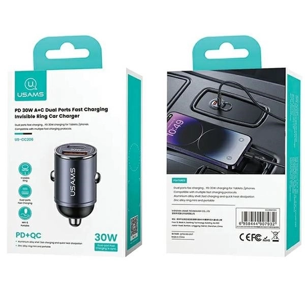 Car Charger 30W 1xUSB+1xUSB-C Fast Charge
