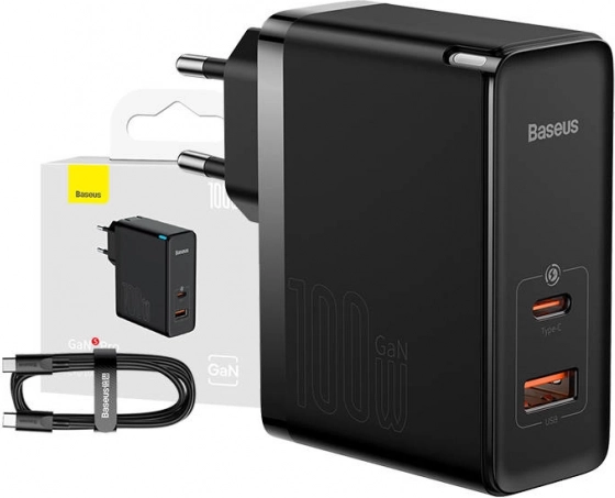 Baseus GaN snellader USB-C + USB, 100W zwart