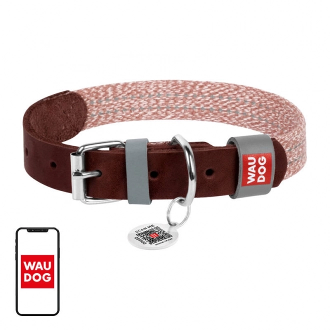 Halsband voor honden van natuurlijk leer en gerecycled materiaal met QR-code Waudog maat S, breedte 15 mm, bruin