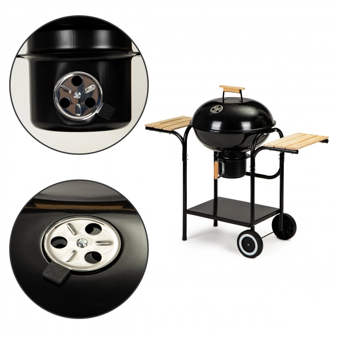 Tuinbarbecue op houtskool met deksel en planken, rooster en aslade
