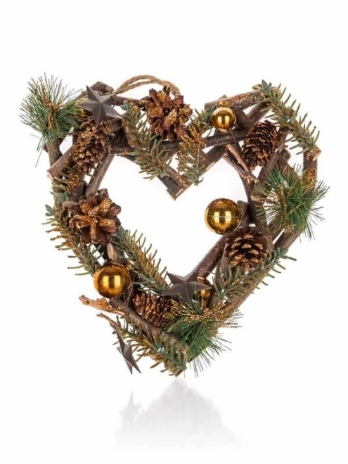 Kerstkrans Hart om op te hangen 24 cm, bruin en gouden kleur