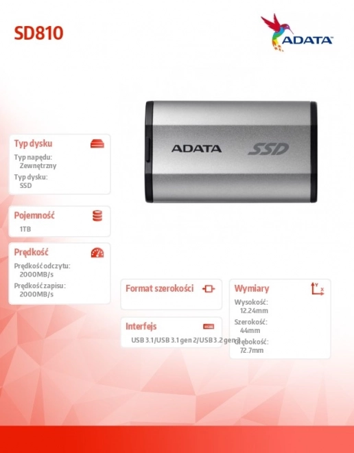 Disque SSD externe ADATA SD810 1TB USB 3.2C 20Gb/s argent