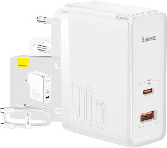 Baseus GaN5 Pro 100W oplader met USB‑C en USB + 1 m kabel, wit