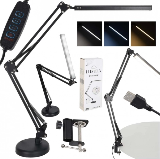 Tisch-LED-Lampe mit verstellbarem Arm und USB, 2 Befestigungsarten
