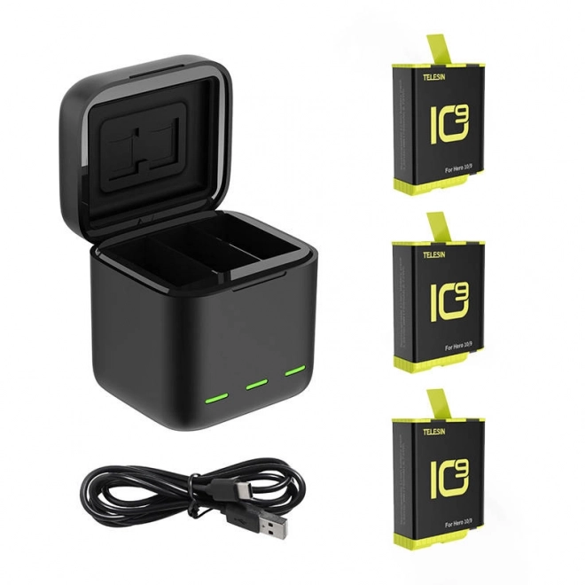 Třekanaals oplader Telesin met 3 batterijen voor GoPro Hero 12/11/10/9