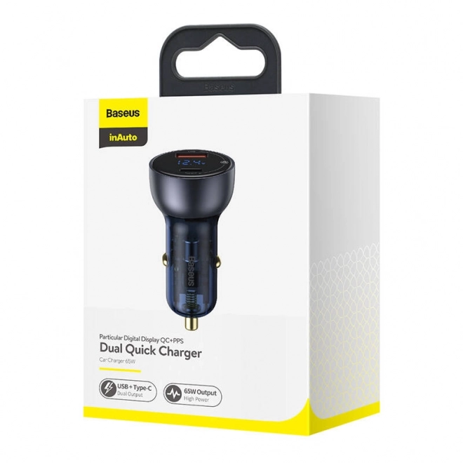 Baseus dual car charger with digital display, USB and USB-C, fast charging 65W