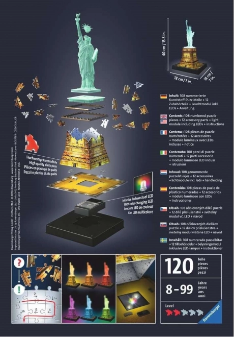 Verlichtende 3D puzzel Vrijheidsbeeld Nachteditie 108 stukjes