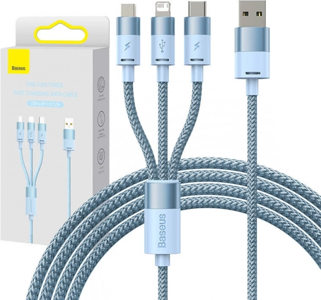 BASEUS StarSpeed 3‑in‑1 charging and data cable, USB‑C / micro USB / Lightning, 3.5 A, 1.2 m, blue