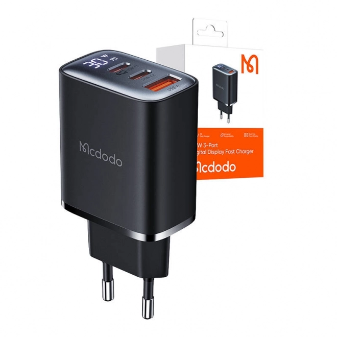 Mcdodo oplader met scherm 2xUSB-C + USB-A, 30W zwart