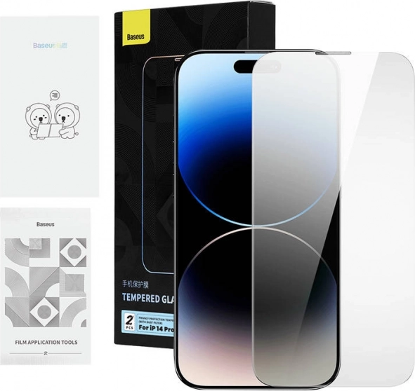BASEUS Privacy Tempered Glass for iPhone 14 Pro Max, 2 pcs with installation and cleaning kit