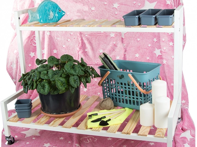 Étagère à fleurs à deux niveaux en bois sur roulettes
