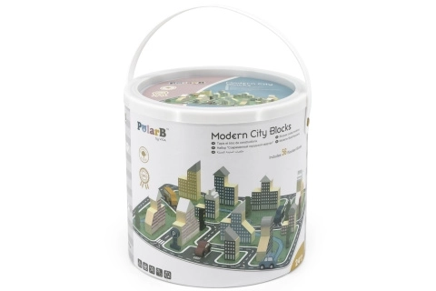 Houten bouwset PolarB – moderne stad, 56 blokken