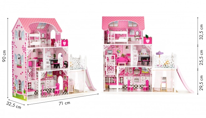 Houten poppenhuis met glijbaan