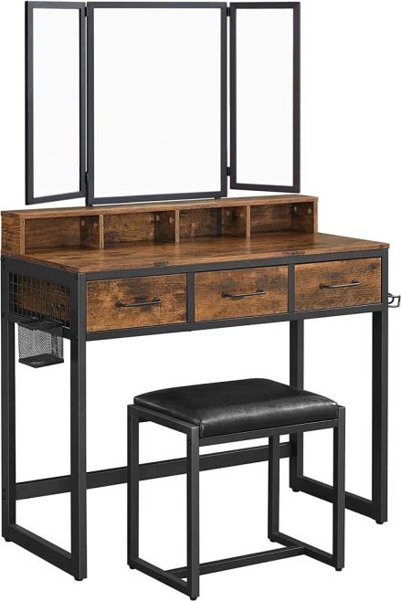 Kaptafel met driedelige klapspiegel en kruk, rustiek hout en zwart metaal