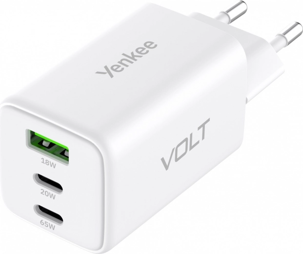Netvoedingslader VOLT 65 W GaN, 3× USB (2× USB‑C + 1× USB‑A) met Power Delivery 3.0 en QC 4.0