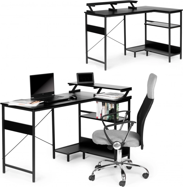 Corner computer desk with 3 black shelves