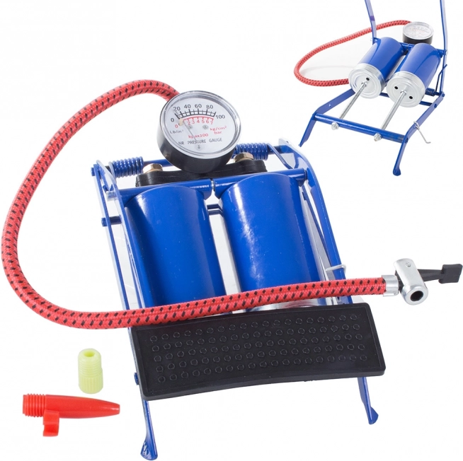 Car foot pump with double cylinder and adapters for bicycles