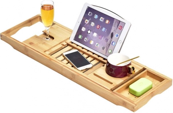 Adjustable Bamboo Bath Shelf with Tablet Holder and Wine Glass Slot