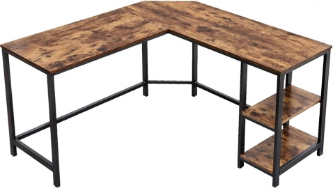 Corner computer desk in rustic brown with steel frame and 2 shelves