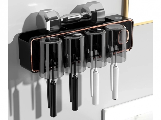 Dispenser voor tandpasta en houder voor tandenborstels met bekers