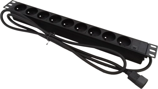 19" rack-voedingsrail met 9× CEE 7/5 en C14-stekker voor rack