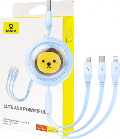 Uittrekbare 3-in-1 oplaadkabel BASEUS USB naar USB‑C, micro USB en Lightning 3,5 A, 1,1 m – blauw
