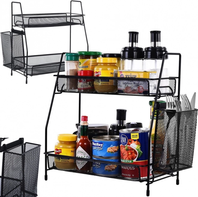 Two-tier metal kitchen and bathroom organizer with side basket – black